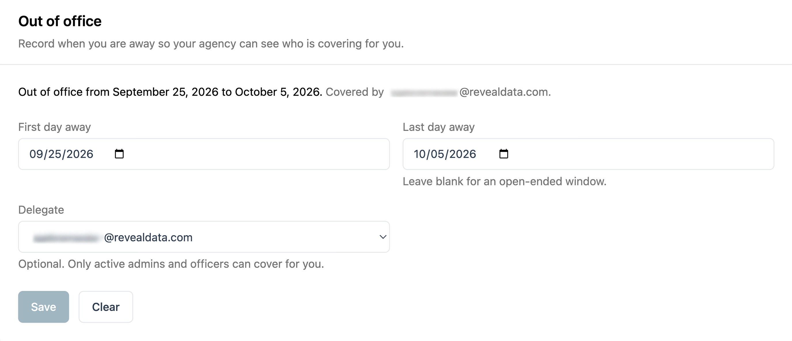 Out of office settings showing dates and delegate information for coverage.